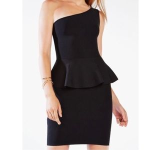 Bcbg maxazria black one shoulder peplum bodcon Malia dress NWT XXS